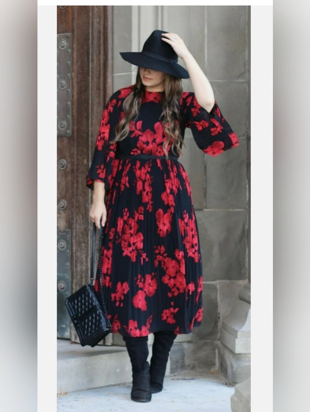 H&M Sheer Floral Black Red Pleated Party Wedding Guest Vacation Midi Dress